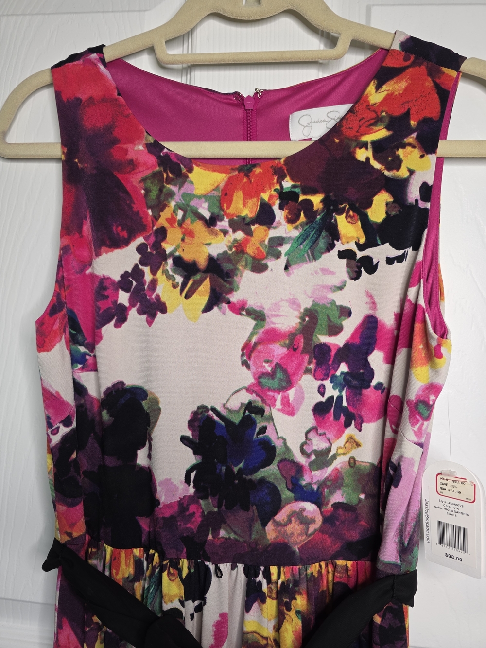 NWT Jessica Simpson Floral Sleeveless Fit-and-Flare Dress with Black Waist Tie - Picture 5 of 16